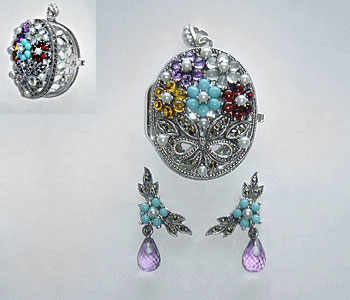 Anhänger Ohrschmuck mit Granat Amethyst Citrin Türkis und Perlen Viktorianischer Stil 002